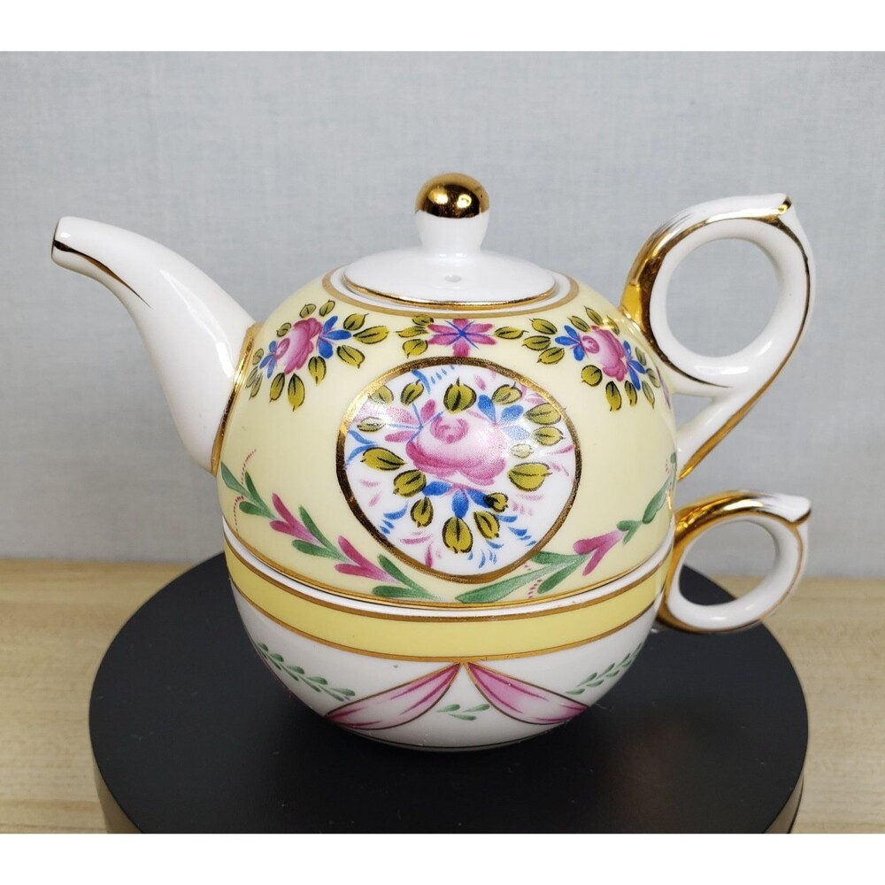Vintage Nantucket Single Serve Teapot With Lid And Teacup Yellow Floral 4” Tall - Picture 4 of 16